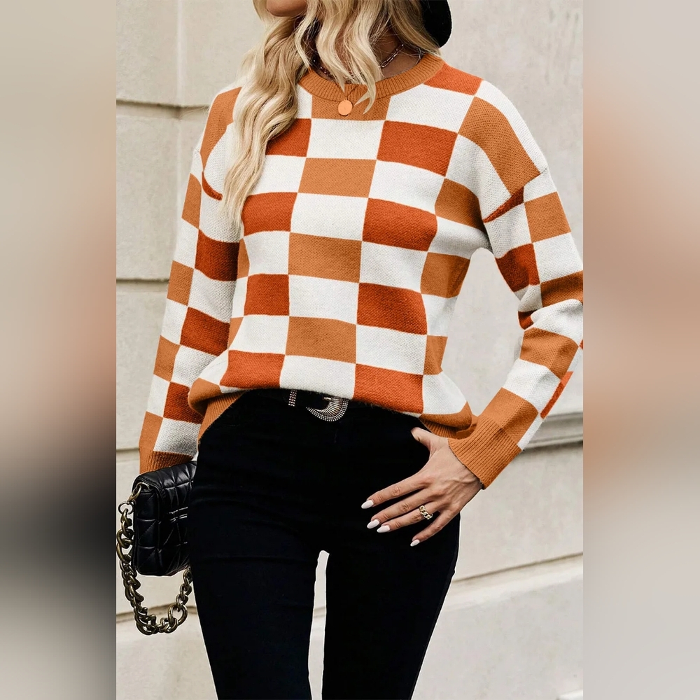 Chic Carmel and White Checkered Sweater